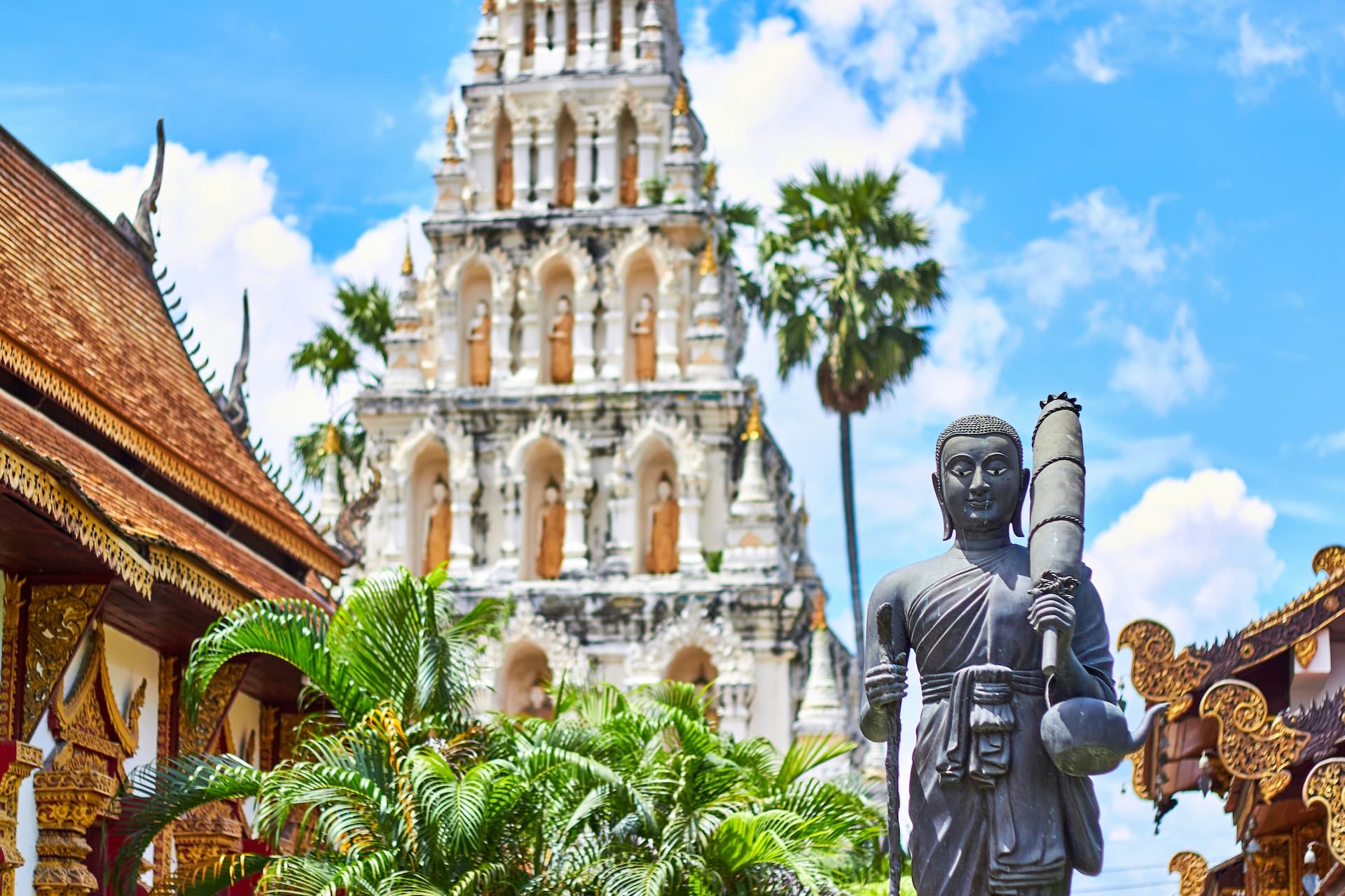 Bangkok skyline and temple rooftops in Thailand