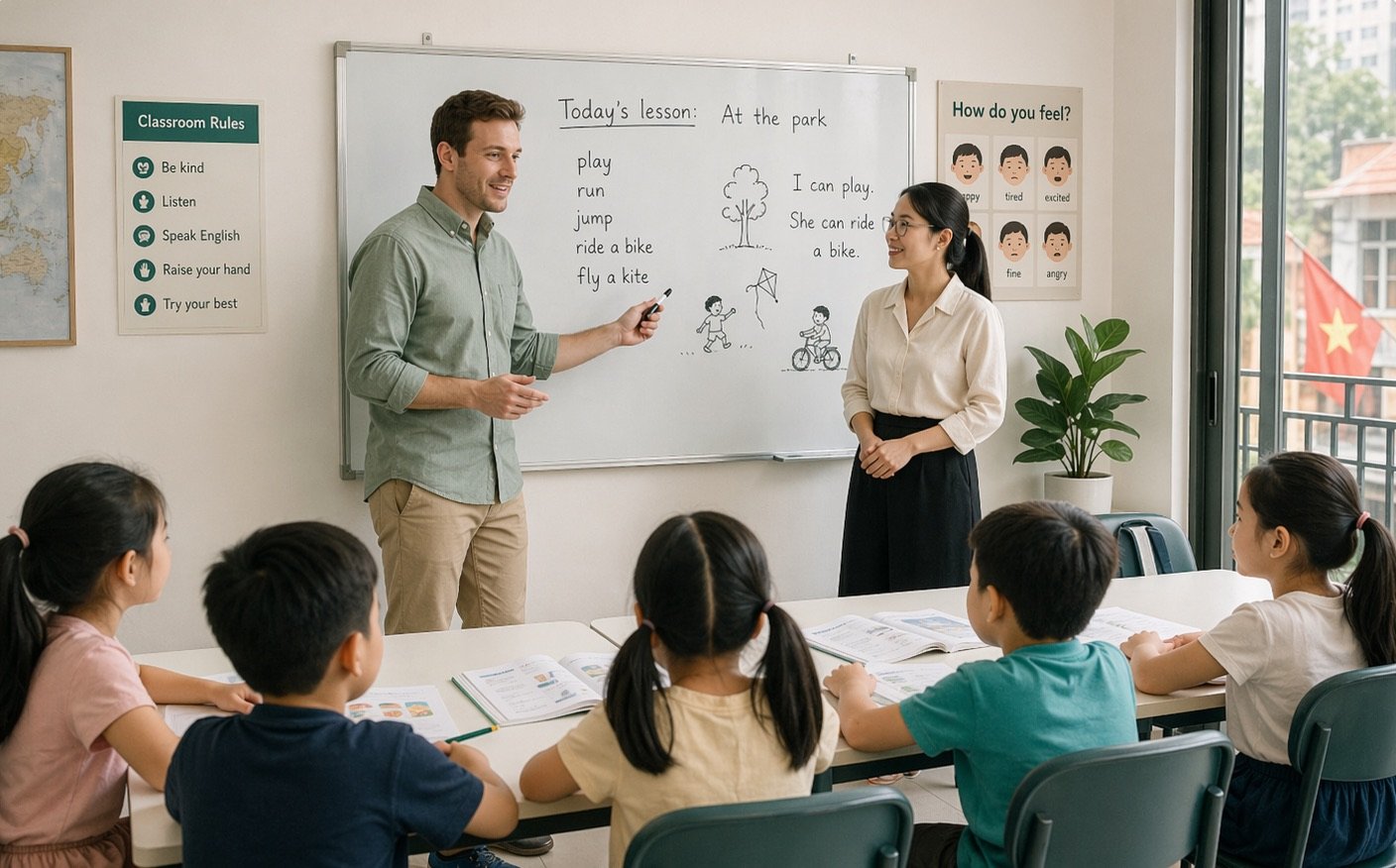 Foreign teacher and Vietnamese support teacher working together in a young learner classroom