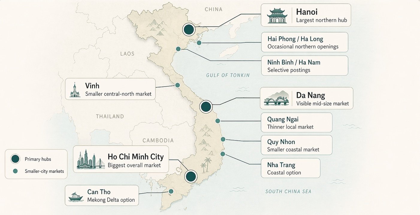 Map of English teaching job markets in Vietnam, including HCMC, Hanoi, Da Nang, and second-tier cities