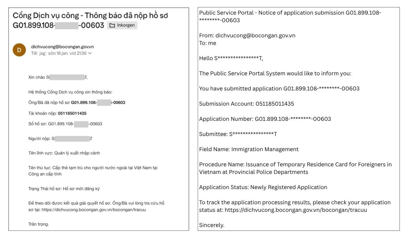 Example submission confirmation email for a Vietnam TT TRC application. English text shown in the image was generated by Google Translate; the Vietnamese email is the source notice.