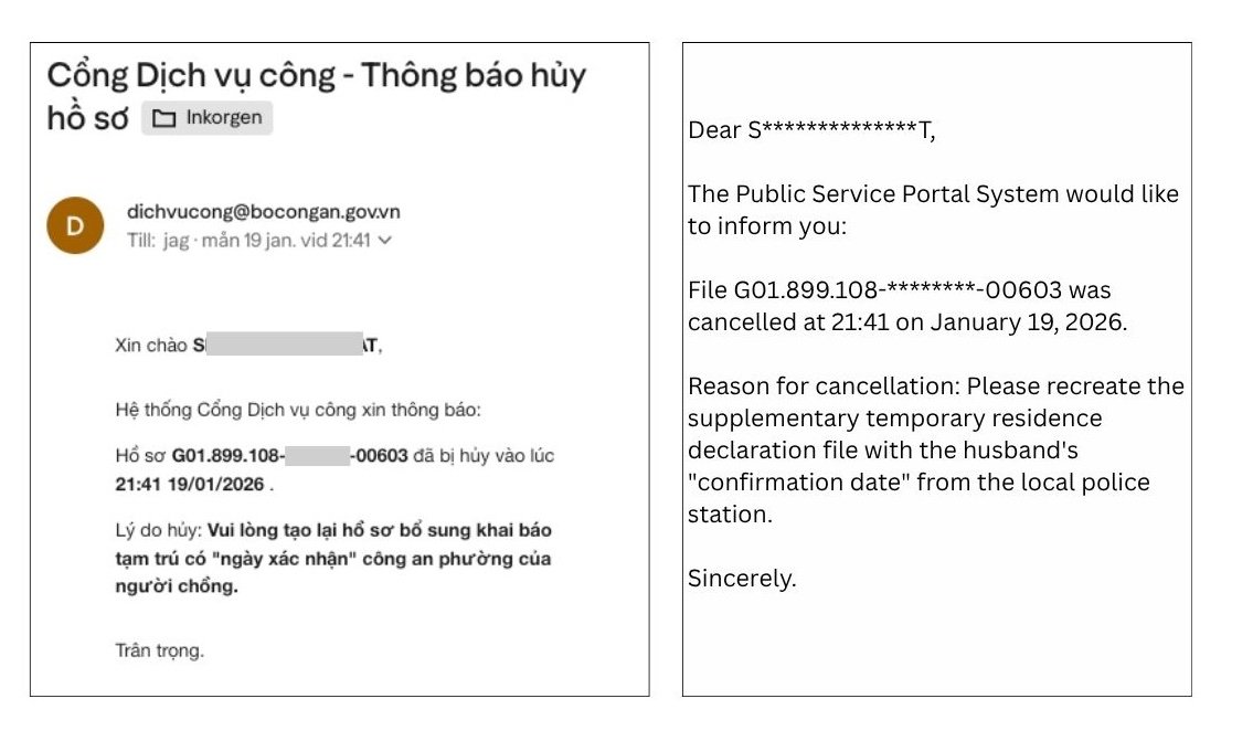 Example cancellation email for a Vietnam TT TRC application. English text shown in the image was generated by Google Translate; the Vietnamese email is the source notice.