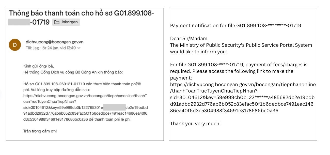 Example fee payment notification email for a Vietnam TT TRC application. English text shown in the image was generated by Google Translate; the Vietnamese email is the source notice.