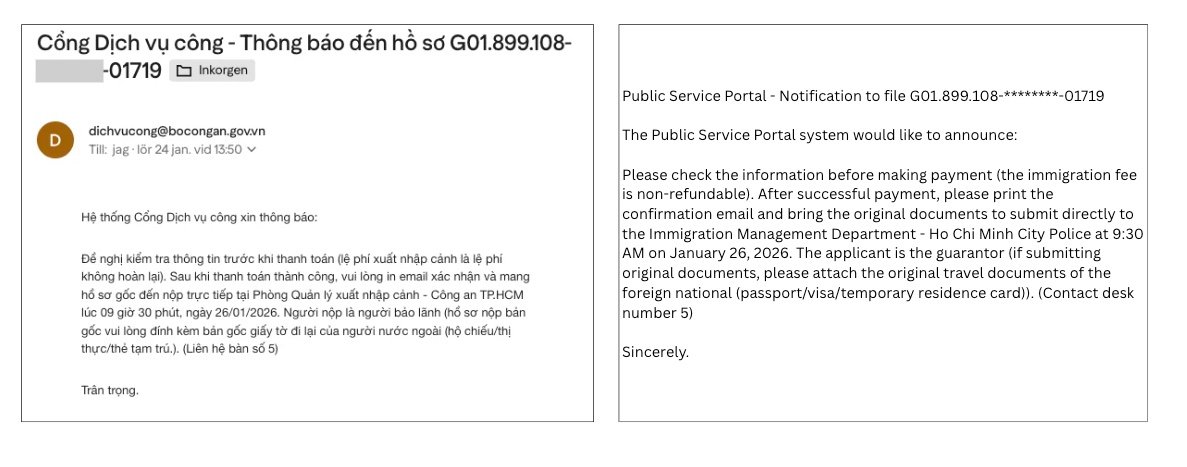 Example appointment notice after fee payment for a Vietnam TT TRC application. English text shown in the image was generated by Google Translate; the Vietnamese email is the source notice.