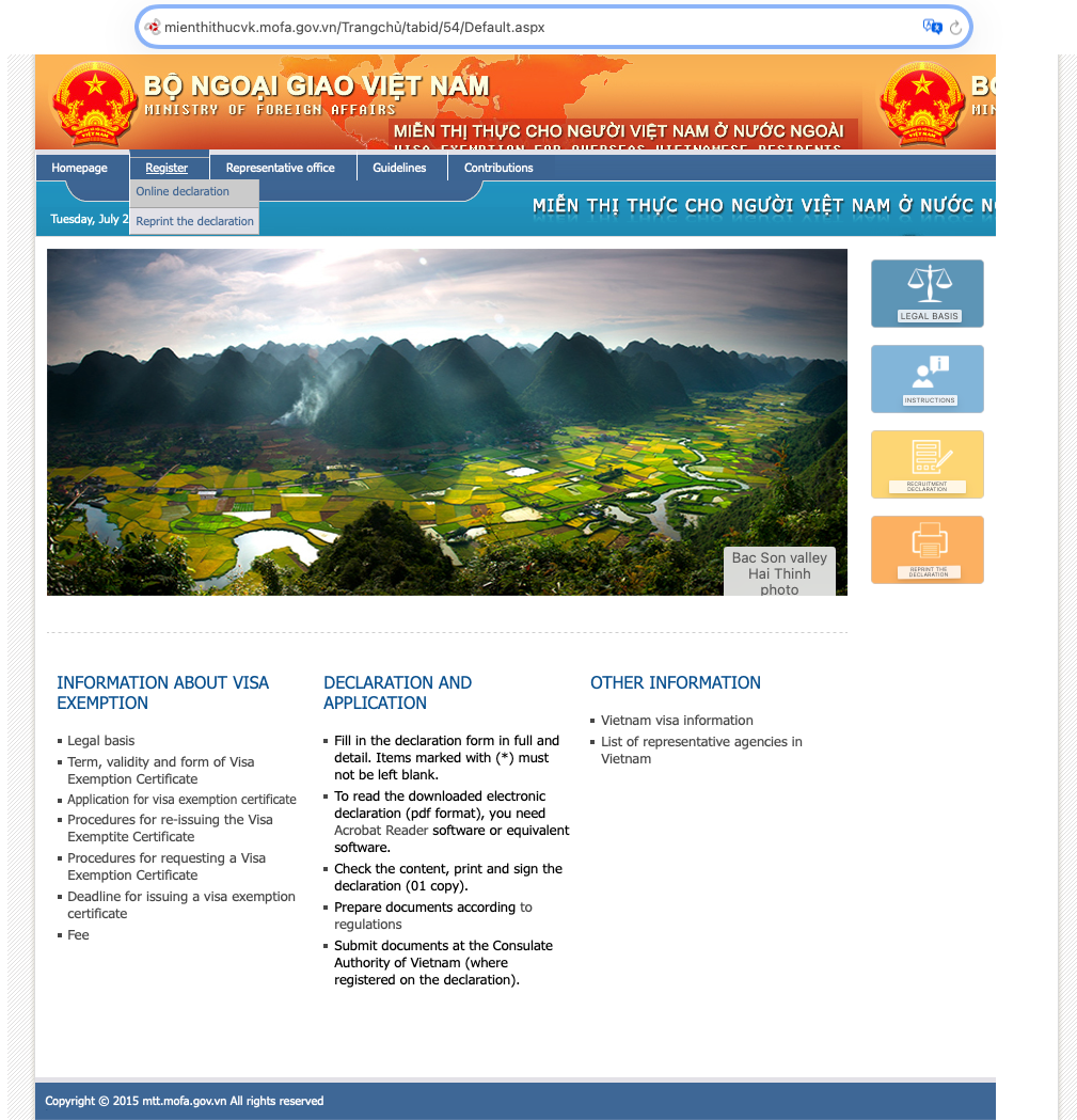 MOFA visa exemption portal showing the Online declaration menu