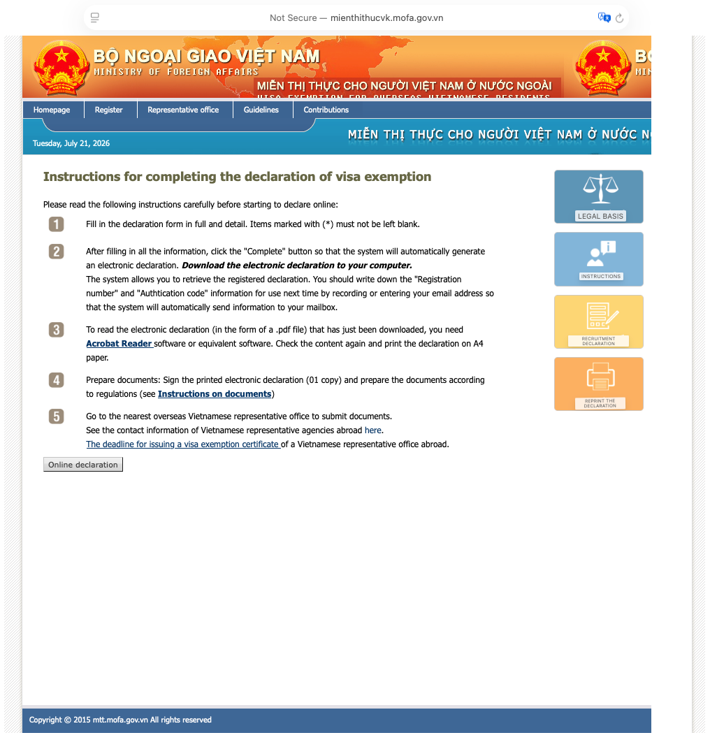 Instructions for completing the MOFA visa exemption declaration