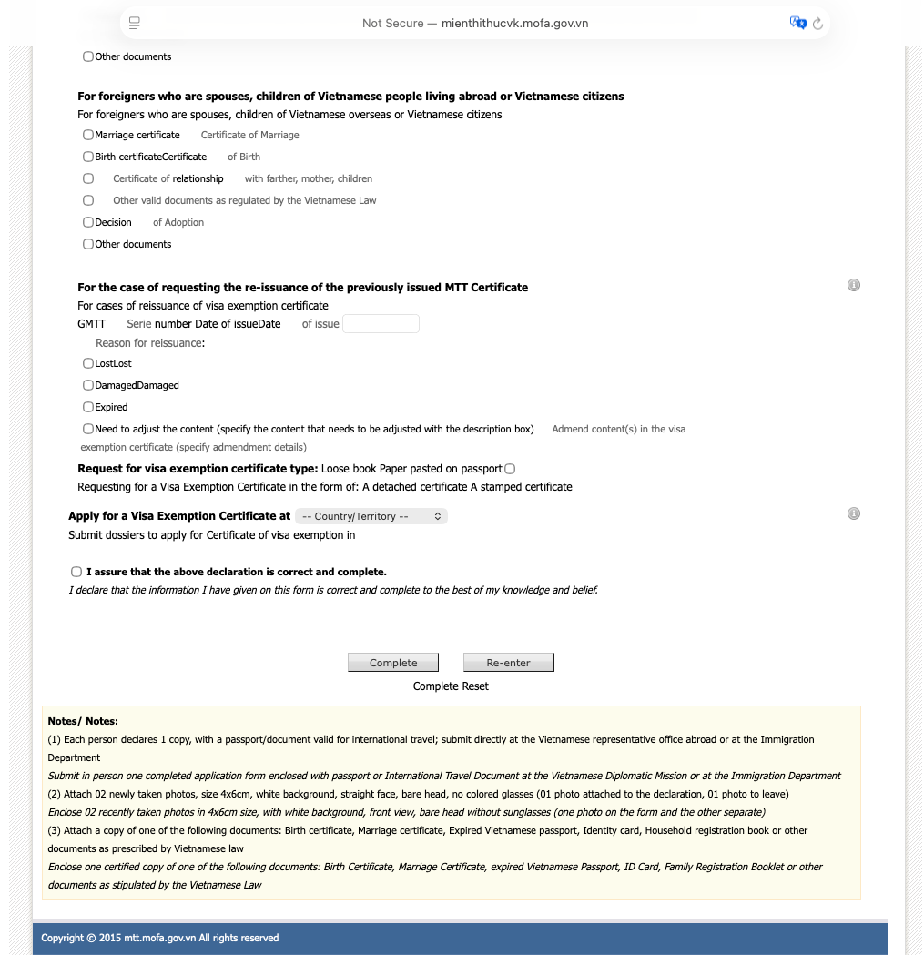 Final section of the MOFA declaration with the mission selector and Complete button